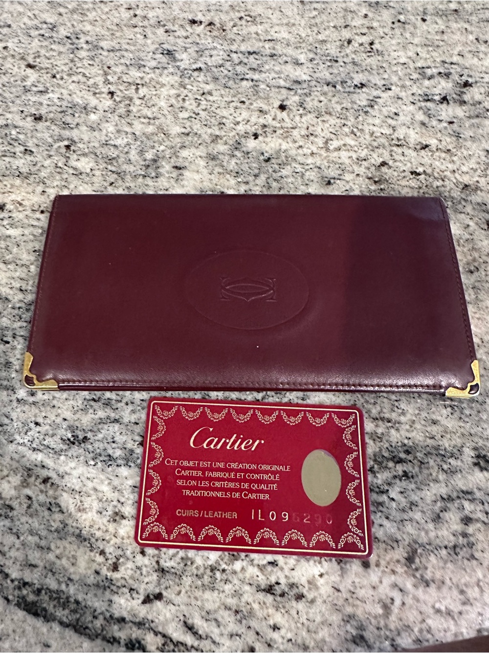 Cartier Maroon Leather Long Wallet with Gold-Tone Corners